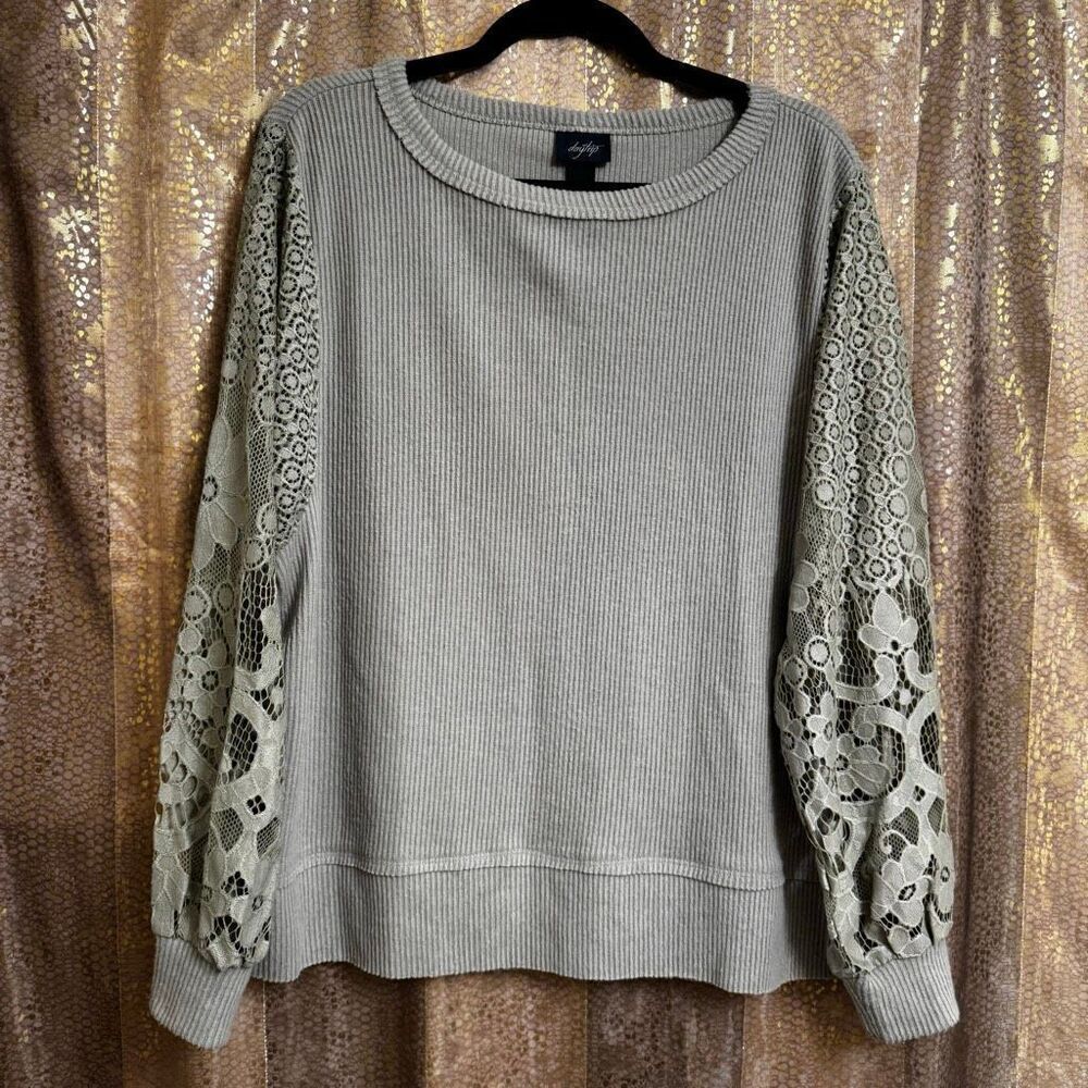 Daytrip BKE Sage Green Floral Lace Sleeve‎ Ribbed Blouse Top Small